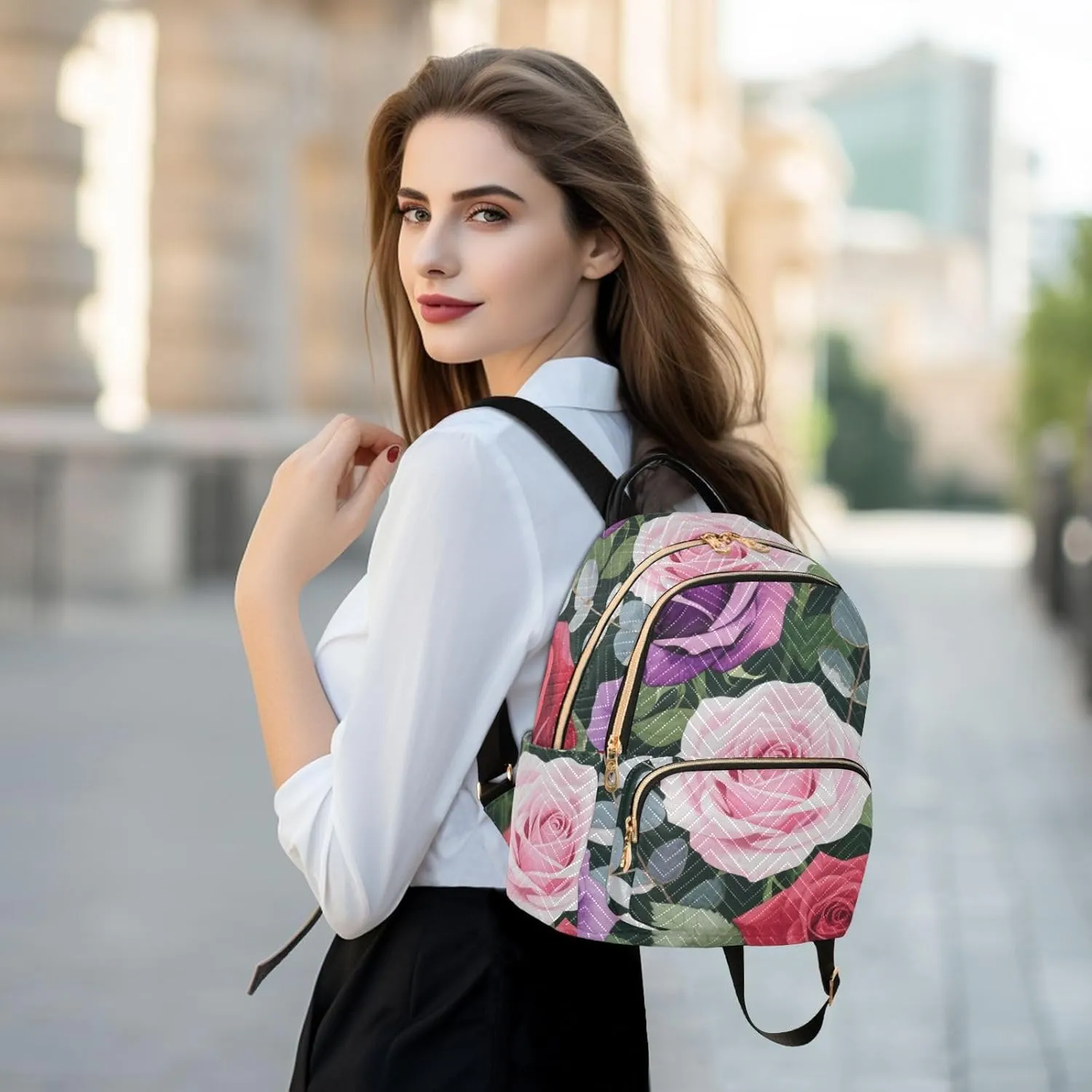 Mini Backpack Quilted Purse for Womens Small Backpack Daypack Rose Design for Travel Daily Camping,Multi10