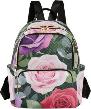 Mini Backpack Quilted Purse for Womens Small Backpack Daypack Rose Design for Travel Daily Camping,Multi10