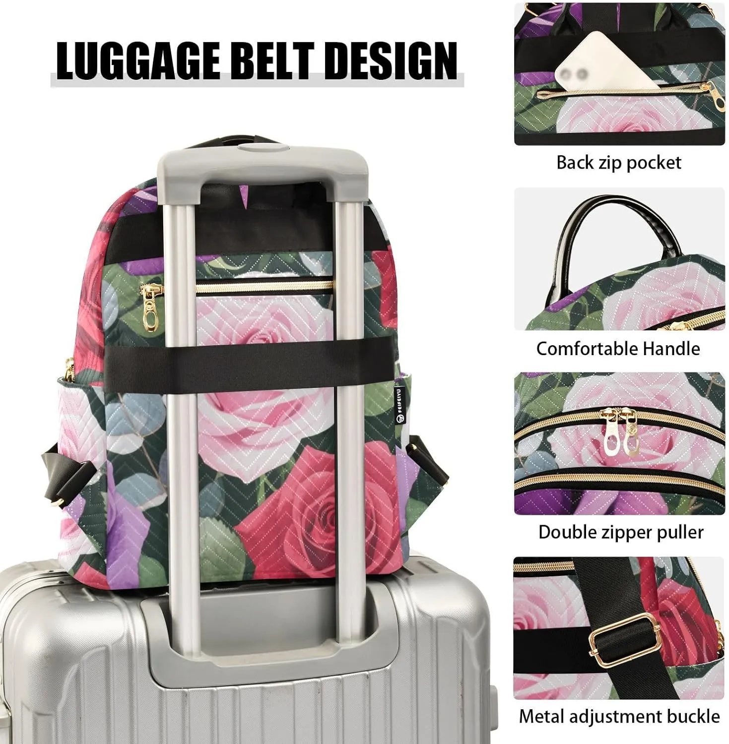 Mini Backpack Quilted Purse for Womens Small Backpack Daypack Rose Design for Travel Daily Camping,Multi10