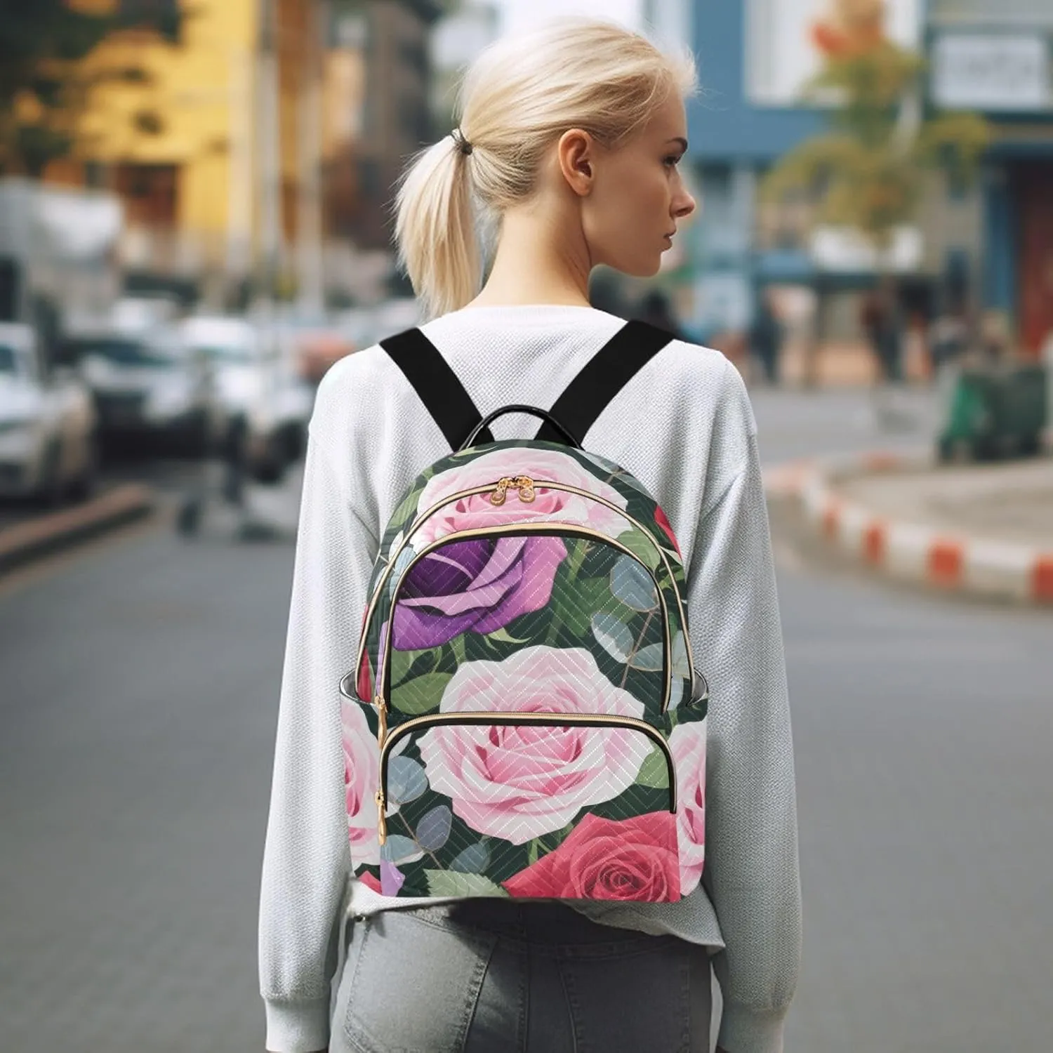 Mini Backpack Quilted Purse for Womens Small Backpack Daypack Rose Design for Travel Daily Camping,Multi10