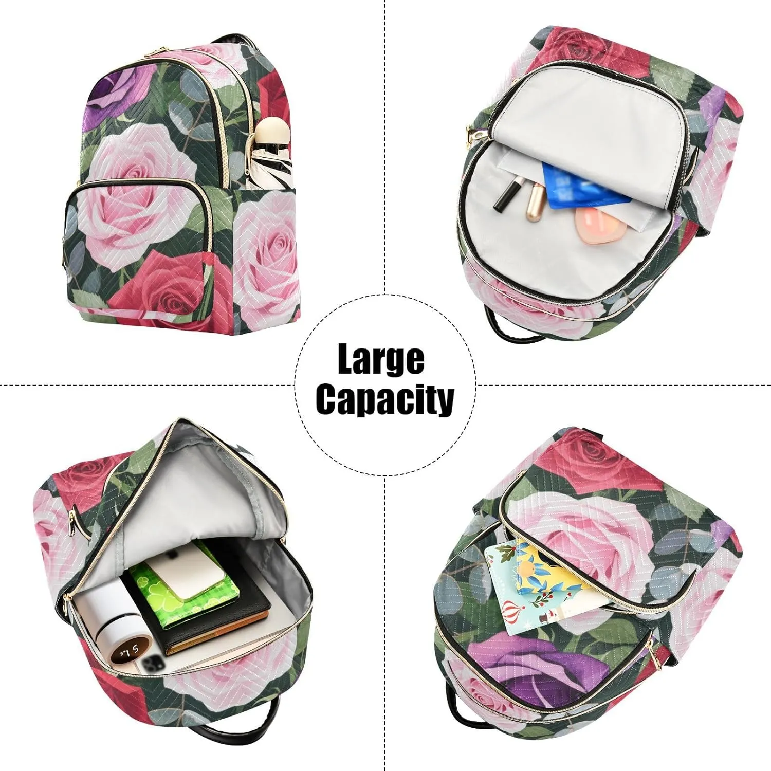 Mini Backpack Quilted Purse for Womens Small Backpack Daypack Rose Design for Travel Daily Camping,Multi10