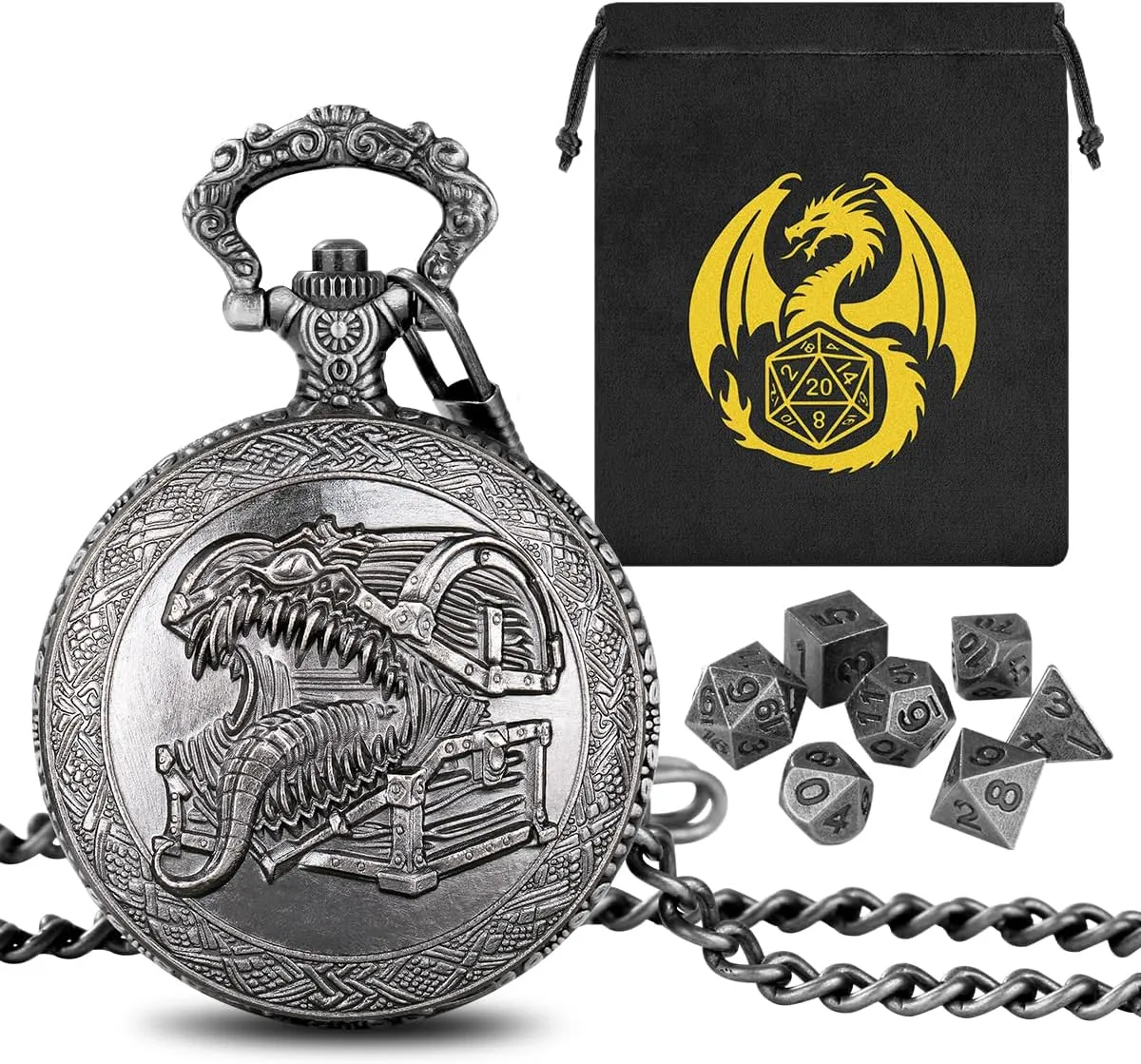Mini DND Dice Set with Steampunk Tongue Treasure Chest Pocket Watch Shell Case, 7-Piece Polyhedral Metal D&D Dice, DND Gift Bag with Dragon Logo, Role Play Board Game Accessories, Dark Silver