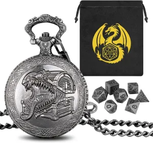 Mini DND Dice Set with Steampunk Tongue Treasure Chest Pocket Watch Shell Case, 7-Piece Polyhedral Metal D&D Dice, DND Gift Bag with Dragon Logo, Role Play Board Game Accessories, Dark Silver