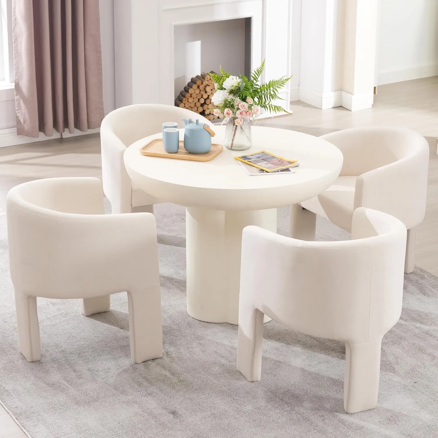 Modern Barrel Dining Chair, Upholstered Linen Dining Chair Accent Chair with Arms Comfy Makeup Vanity Chair, Dining Living Room Kitchen Chair, Beige