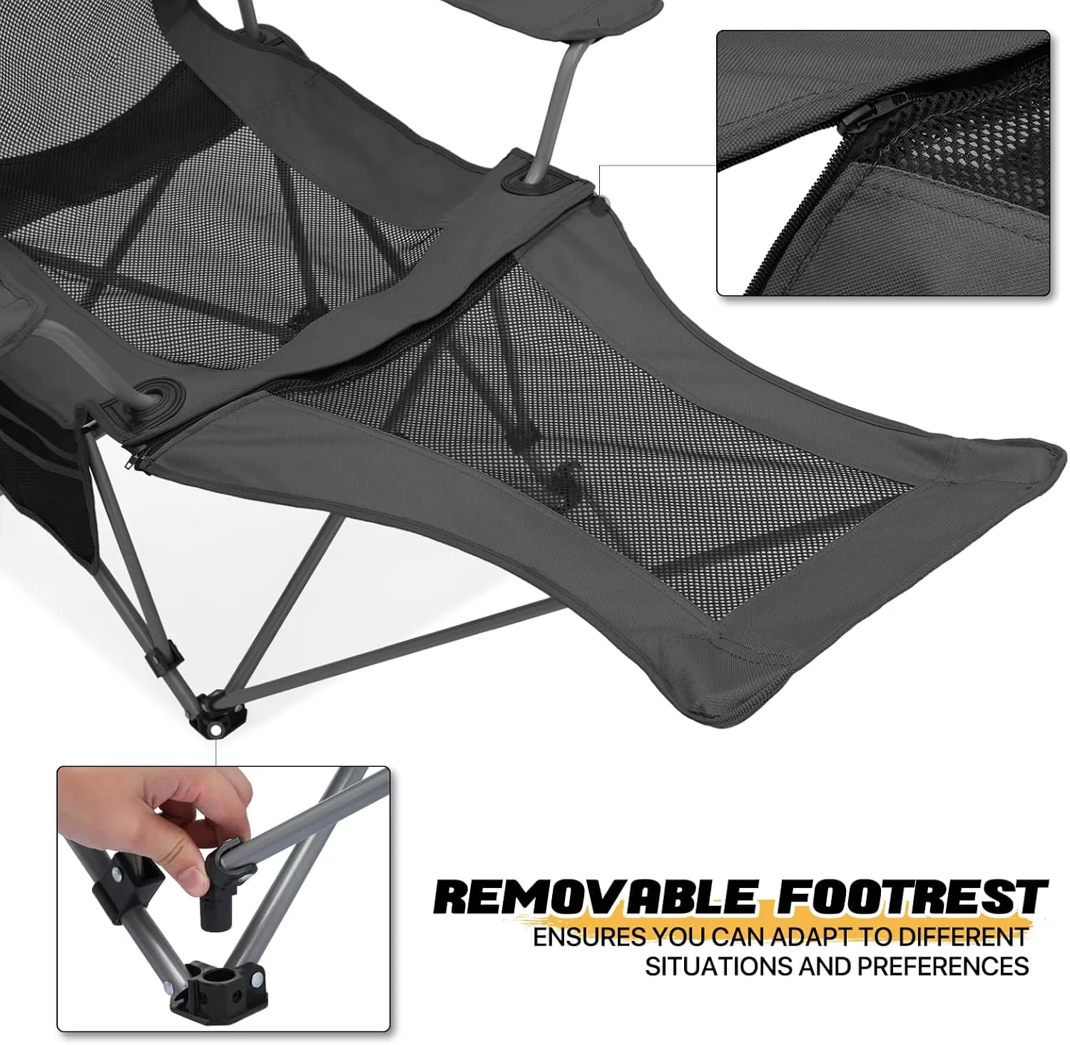 MoNiBloom Portable Folding Reclining Camping Chair with Foot Rest for Adults Outdoor Beach Hiking Fishing Lounge Recliner Mesh Camp Chair with Headrest Footrest Cup Holder Side Pocket (Black)