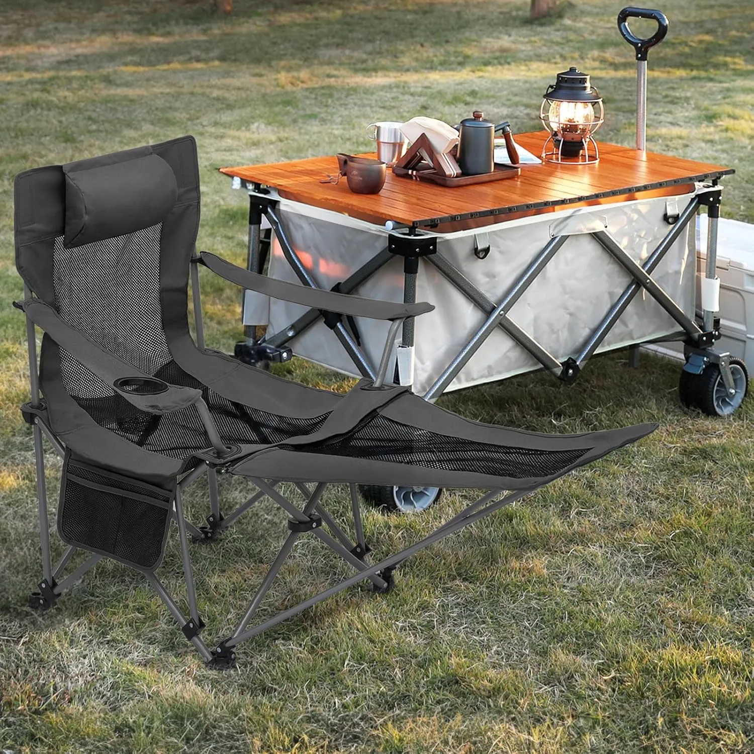 MoNiBloom Portable Folding Reclining Camping Chair with Foot Rest for Adults Outdoor Beach Hiking Fishing Lounge Recliner Mesh Camp Chair with Headrest Footrest Cup Holder Side Pocket (Black)
