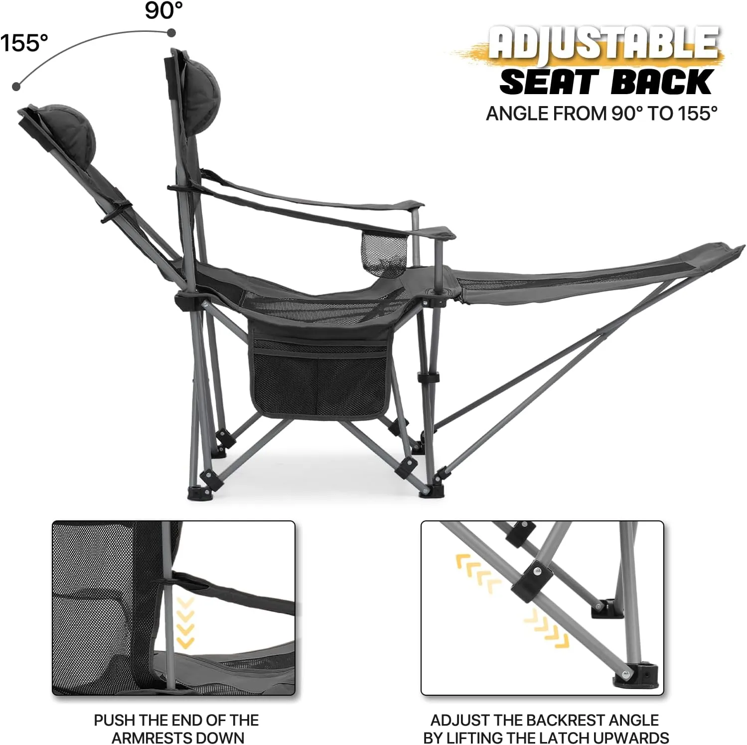 MoNiBloom Portable Folding Reclining Camping Chair with Foot Rest for Adults Outdoor Beach Hiking Fishing Lounge Recliner Mesh Camp Chair with Headrest Footrest Cup Holder Side Pocket (Black)