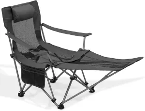 MoNiBloom Portable Folding Reclining Camping Chair with Foot Rest for Adults Outdoor Beach Hiking Fishing Lounge Recliner Mesh Camp Chair with Headrest Footrest Cup Holder Side Pocket (Black)
