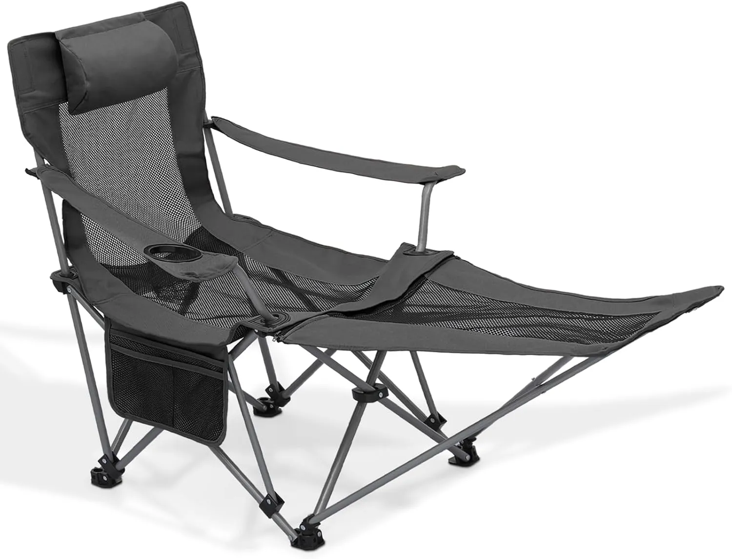 MoNiBloom Portable Folding Reclining Camping Chair with Foot Rest for Adults Outdoor Beach Hiking Fishing Lounge Recliner Mesh Camp Chair with Headrest Footrest Cup Holder Side Pocket (Black)