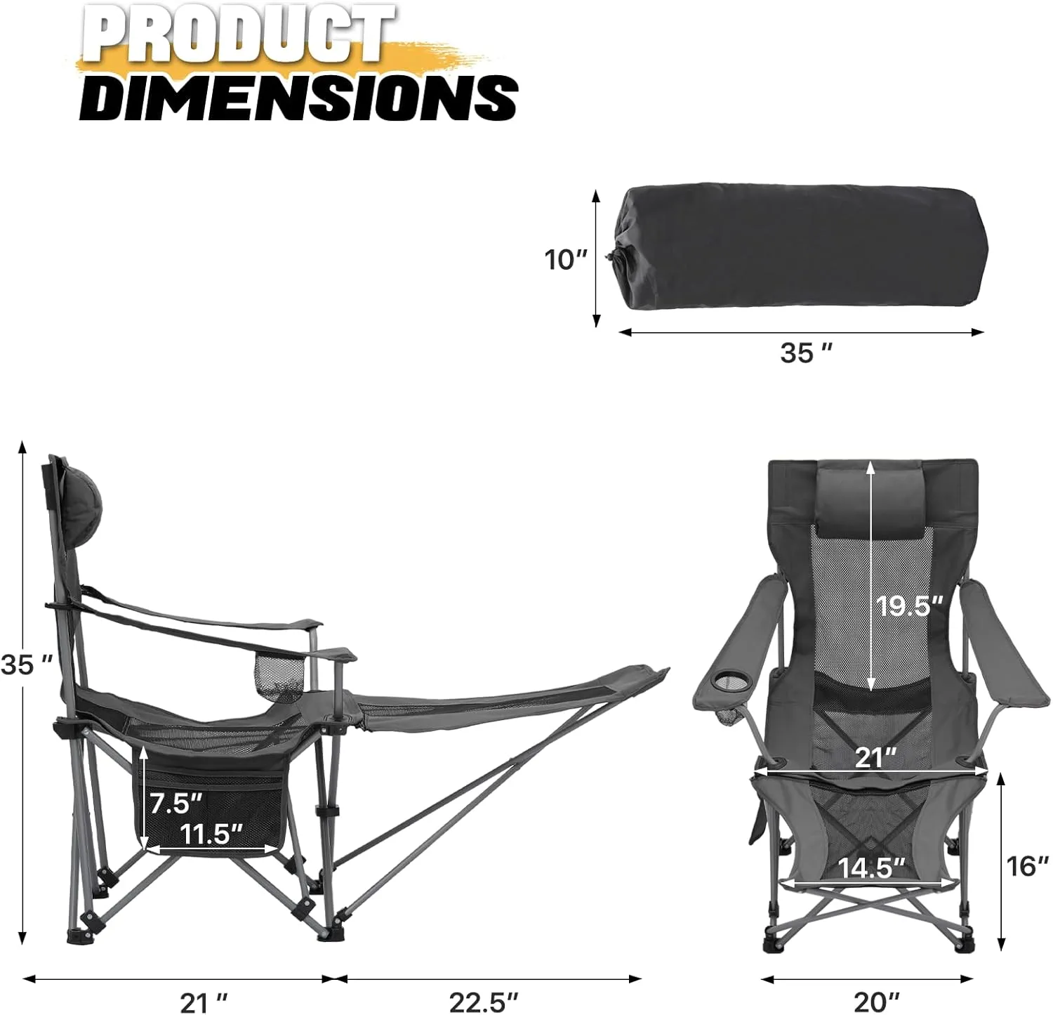 MoNiBloom Portable Folding Reclining Camping Chair with Foot Rest for Adults Outdoor Beach Hiking Fishing Lounge Recliner Mesh Camp Chair with Headrest Footrest Cup Holder Side Pocket (Black)