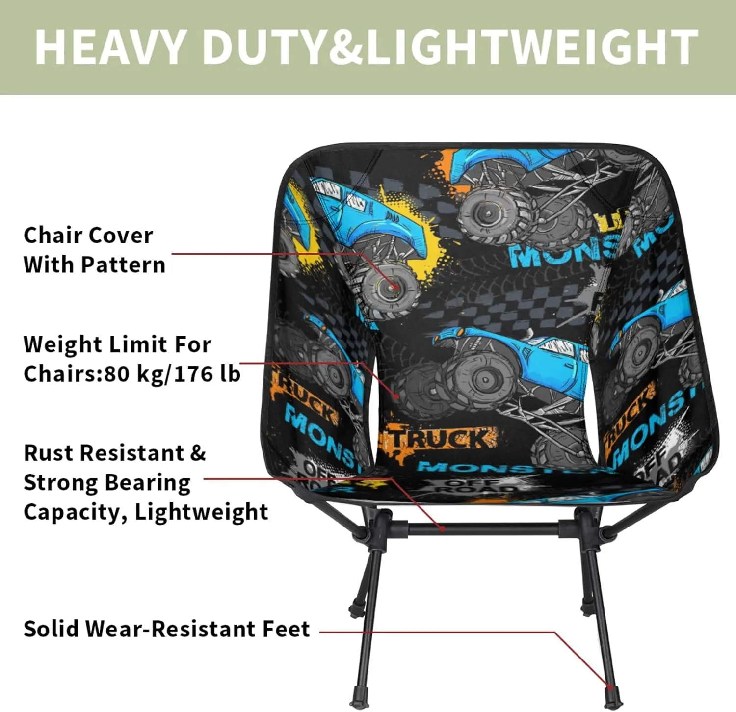 Monster Truck Portable Camping Chair with 2 Side Pockets,Lightweight Folding Chair with Compact Design for Backpacking,Hiking,Fishing and Travel