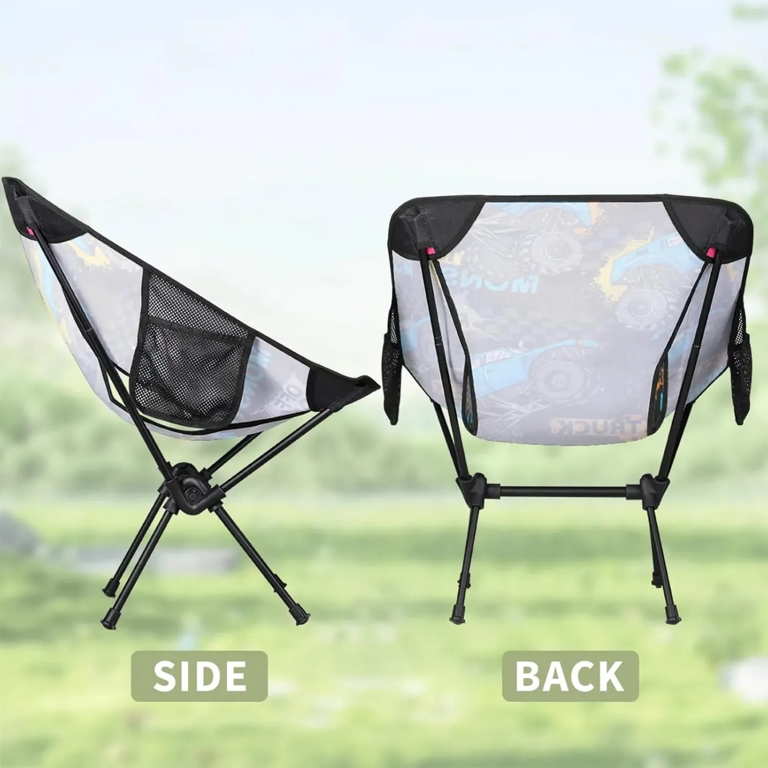 Monster Truck Portable Camping Chair with 2 Side Pockets,Lightweight Folding Chair with Compact Design for Backpacking,Hiking,Fishing and Travel