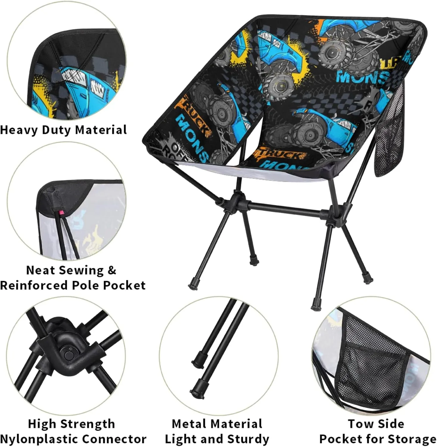 Monster Truck Portable Camping Chair with 2 Side Pockets,Lightweight Folding Chair with Compact Design for Backpacking,Hiking,Fishing and Travel