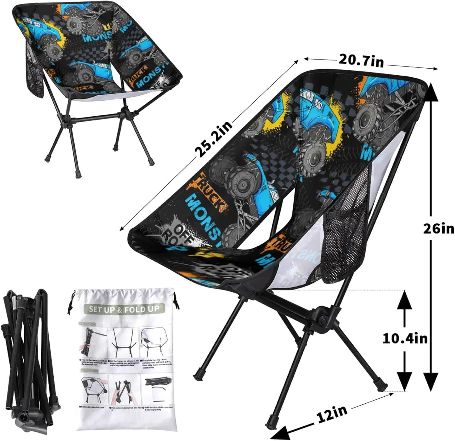 Monster Truck Portable Camping Chair with 2 Side Pockets,Lightweight Folding Chair with Compact Design for Backpacking,Hiking,Fishing and Travel