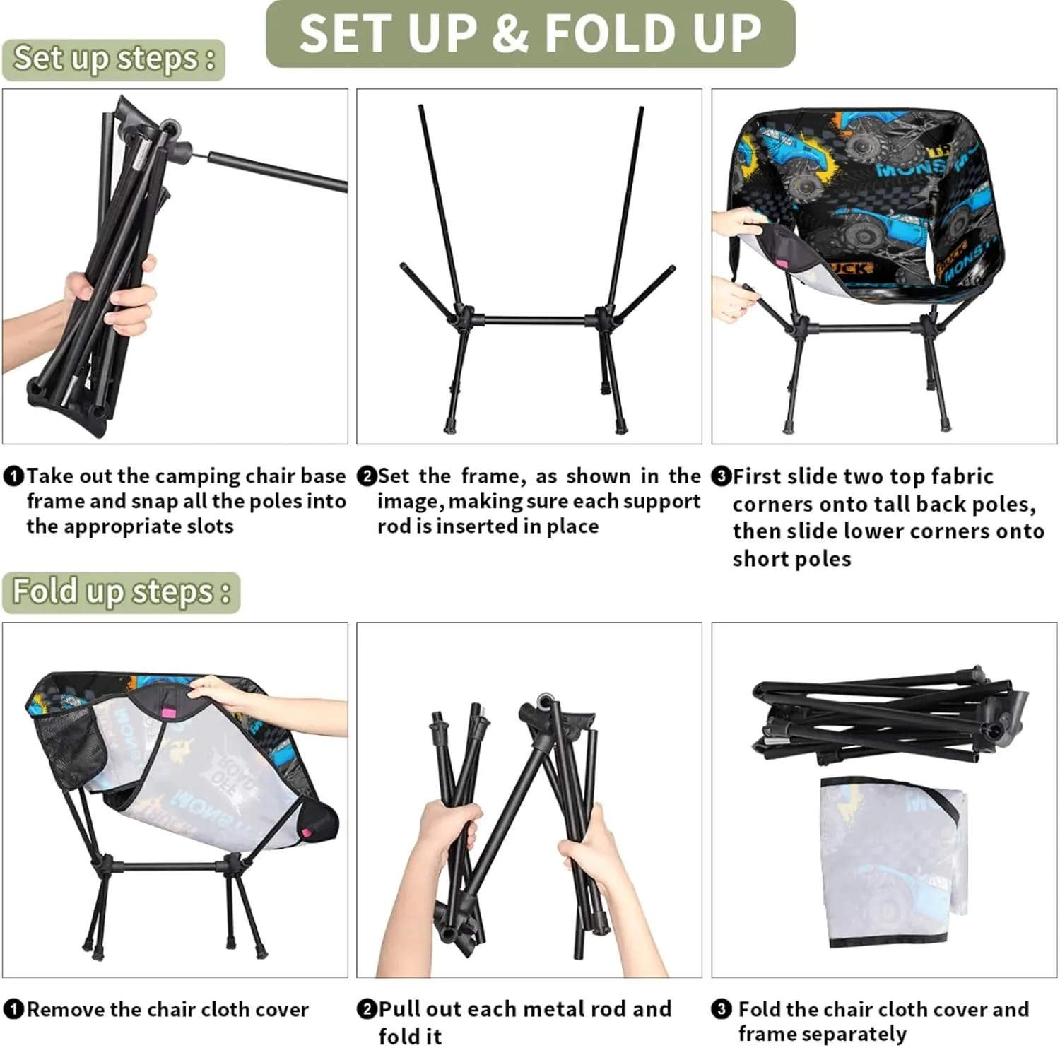 Monster Truck Portable Camping Chair with 2 Side Pockets,Lightweight Folding Chair with Compact Design for Backpacking,Hiking,Fishing and Travel