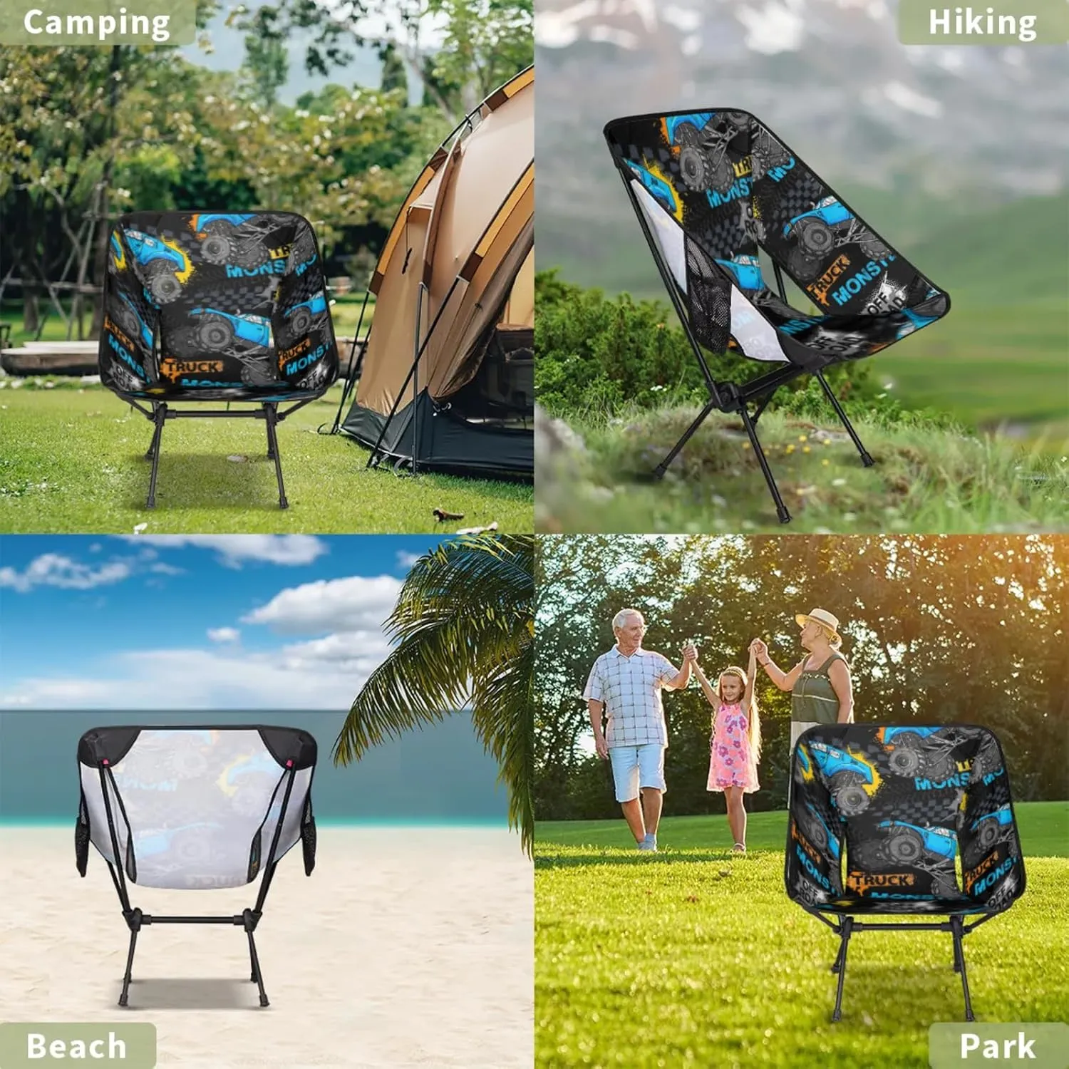 Monster Truck Portable Camping Chair with 2 Side Pockets,Lightweight Folding Chair with Compact Design for Backpacking,Hiking,Fishing and Travel