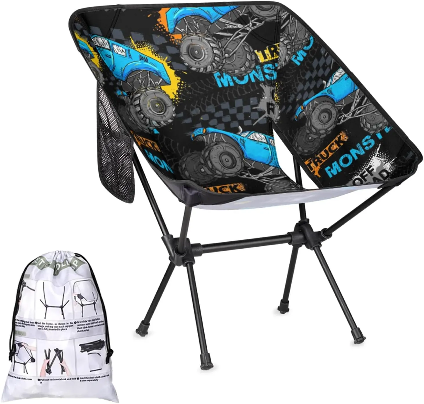 Monster Truck Portable Camping Chair with 2 Side Pockets,Lightweight Folding Chair with Compact Design for Backpacking,Hiking,Fishing and Travel