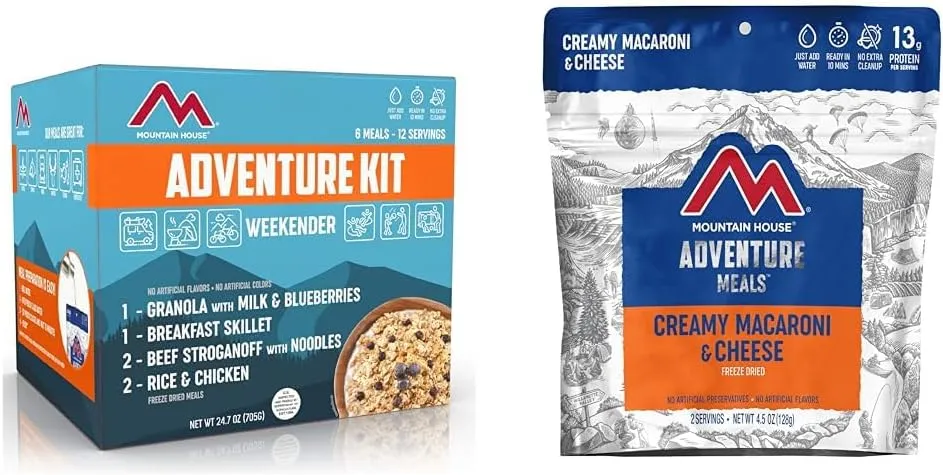 Mountain House Adventure Weekender Kit | Freeze Dried Camping & Backpacking Food | 12 Servings & Creamy Macaroni & Cheese | Freeze Dried Backpacking & Camping Food | 2 Servings