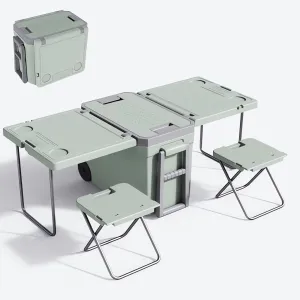Multi Function Rolling Cooler, Warm with Wheels Table and 2 Chairs for Picnic Camping Outdoor, Foldable Upgraded Stool, 32L Heat Insulation Box (Color : Green)