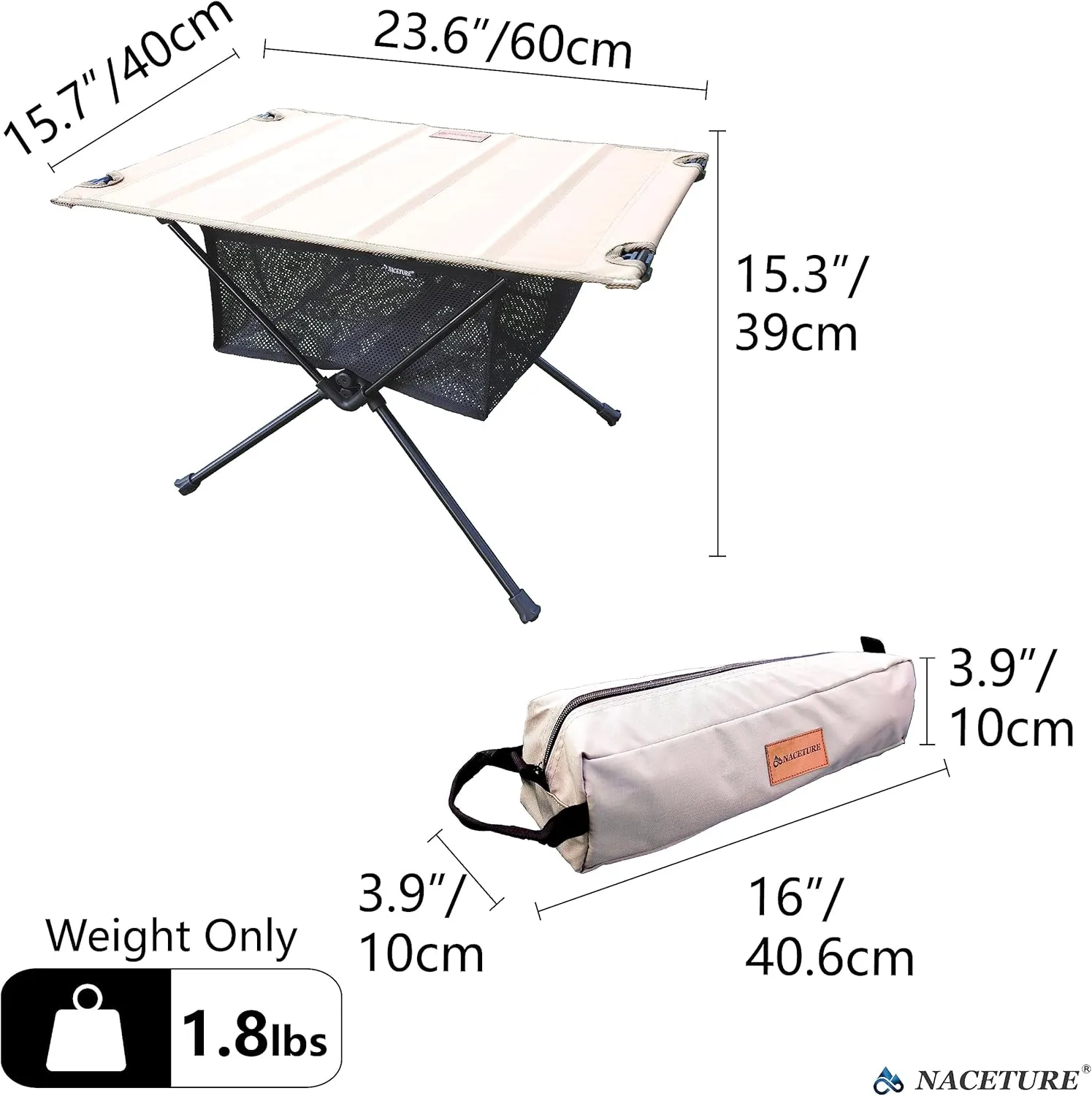 NACETURE Camping Table with Folding Legs and Mesh Storage Basket for Food, Coffee, or Camp Grill Accessories, Lightweight and Portable for Outdoor, Backpacking, Hiking, and Travel