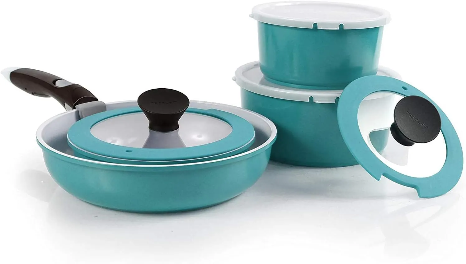 Neoflam Midas PLUS 9pc Nonstick Cast Aluminum Cookware Set, PFOA Free Kitchenware with Saucepan,Frying Pan,Stove|Oven Pot, Tempered Glass Lid and Smart Detachable Handle,Oven Safe,Space-Saving,Emerald