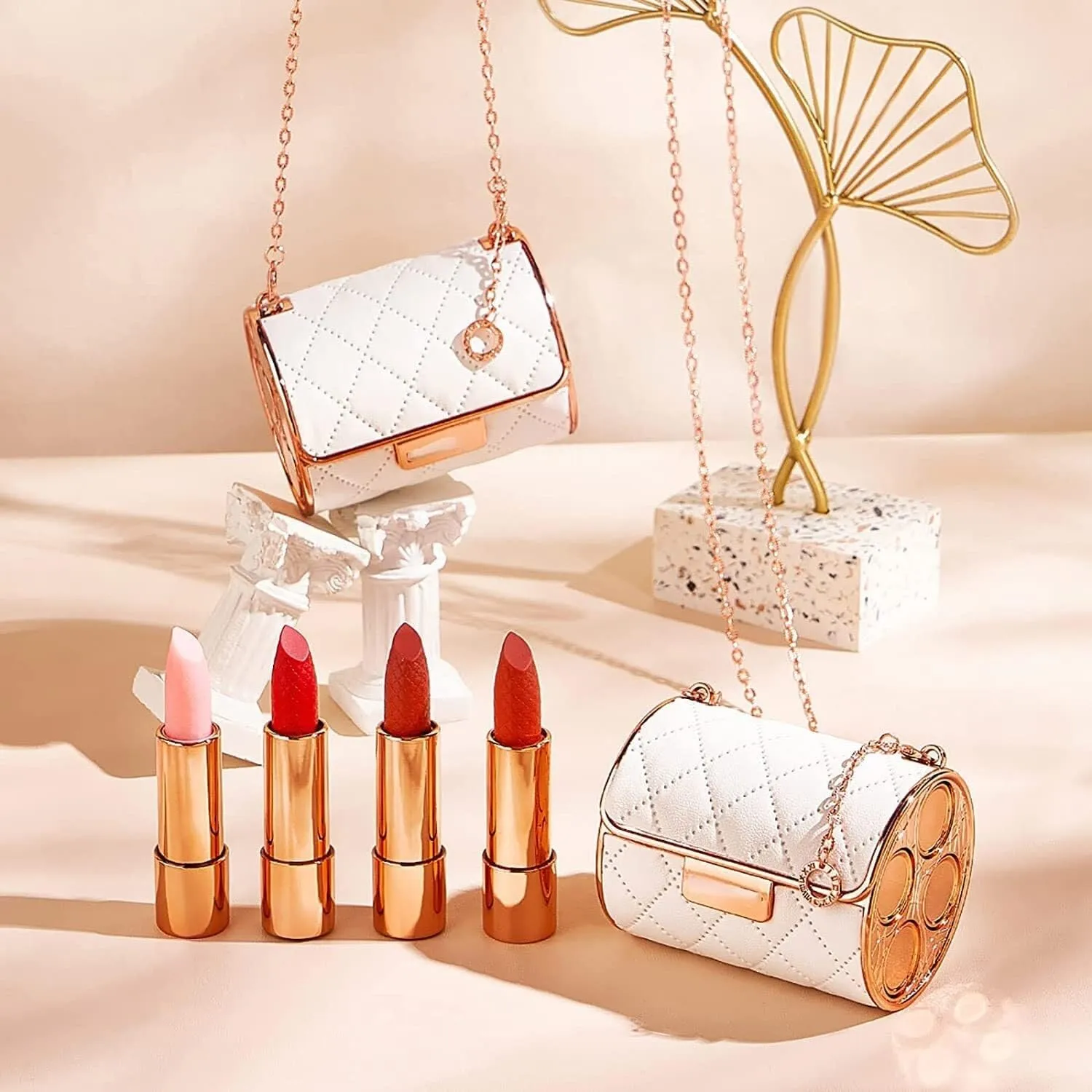 New Velvet Matte Lipstick Set with Glamour Chain Pouch, 4 Colors Lip Stick with an Elegant Leather Chain Bag