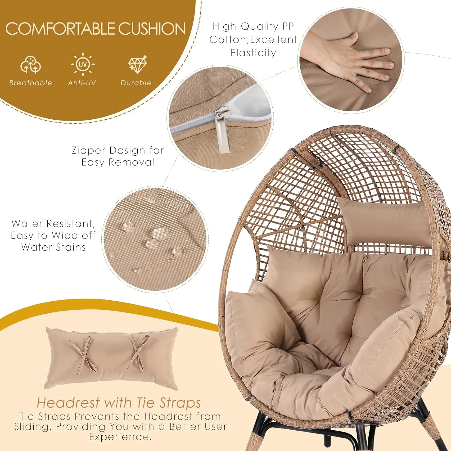 NICESOUL® Outdoor Lounge Chair, Big Plus Size Wicker Patio Egg Chair with Ottoman, All-Weather Round Dome Papasan w/Cushion, Comfortable Reading Seat for Relax, Outside, Exteriors, Porch, Tan