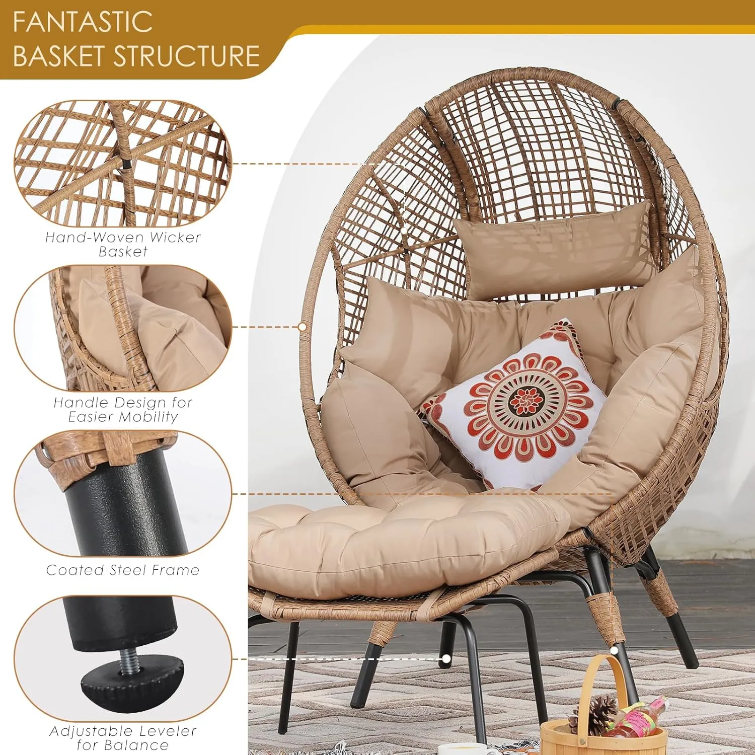 NICESOUL® Outdoor Lounge Chair, Big Plus Size Wicker Patio Egg Chair with Ottoman, All-Weather Round Dome Papasan w/Cushion, Comfortable Reading Seat for Relax, Outside, Exteriors, Porch, Tan