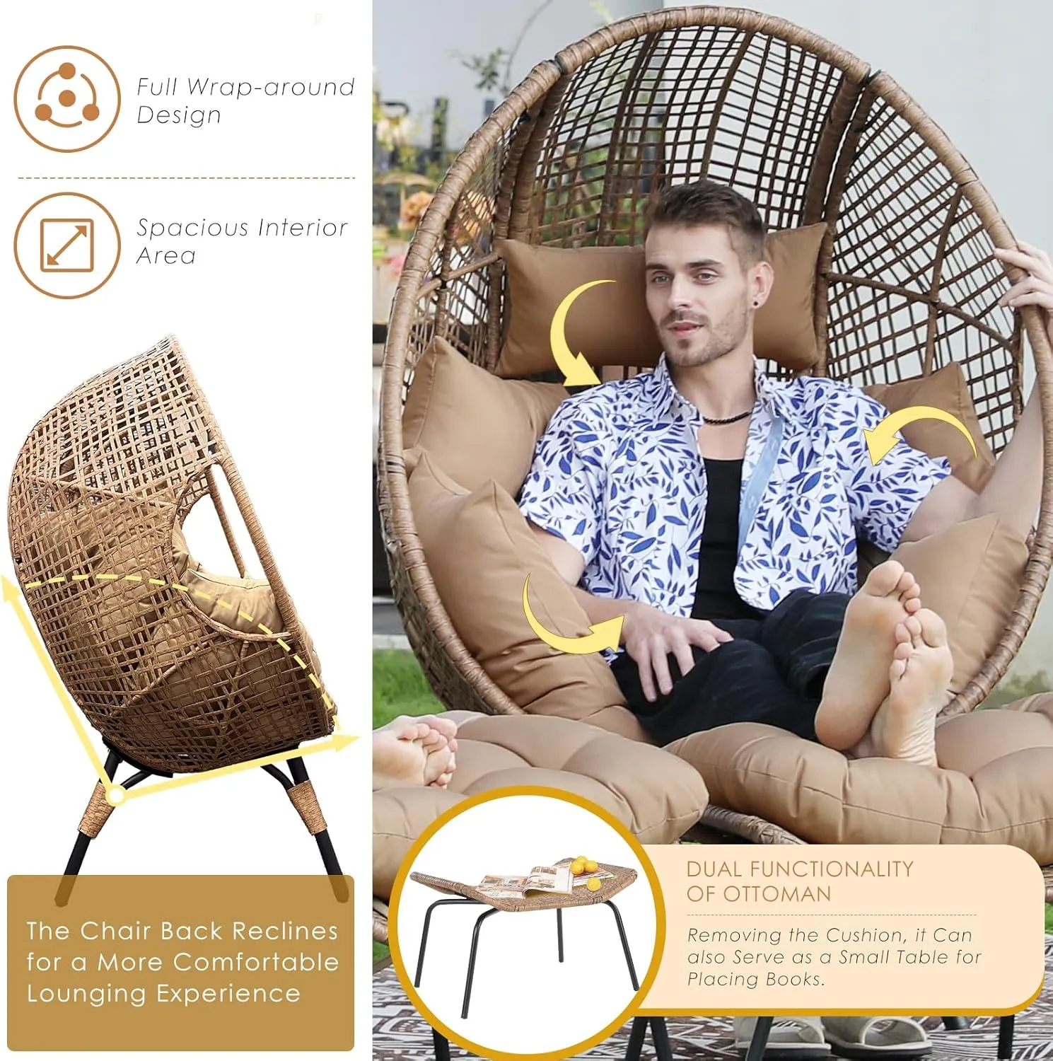 NICESOUL® Outdoor Lounge Chair, Big Plus Size Wicker Patio Egg Chair with Ottoman, All-Weather Round Dome Papasan w/Cushion, Comfortable Reading Seat for Relax, Outside, Exteriors, Porch, Tan