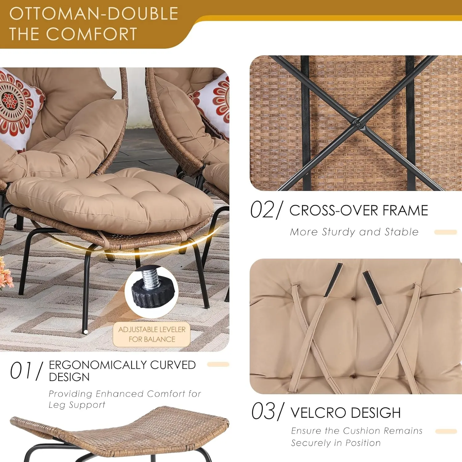 NICESOUL® Outdoor Lounge Chair, Big Plus Size Wicker Patio Egg Chair with Ottoman, All-Weather Round Dome Papasan w/Cushion, Comfortable Reading Seat for Relax, Outside, Exteriors, Porch, Tan