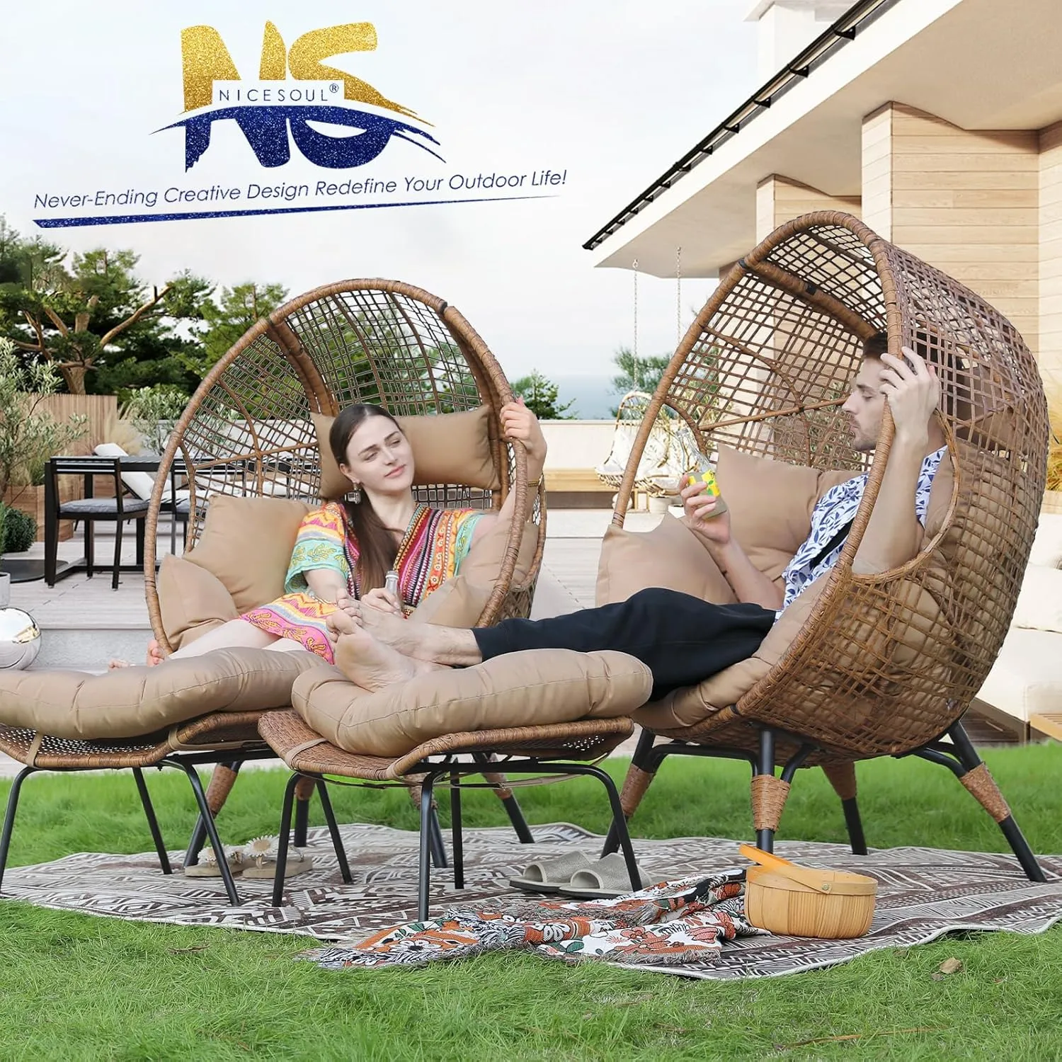 NICESOUL® Outdoor Lounge Chair, Big Plus Size Wicker Patio Egg Chair with Ottoman, All-Weather Round Dome Papasan w/Cushion, Comfortable Reading Seat for Relax, Outside, Exteriors, Porch, Tan