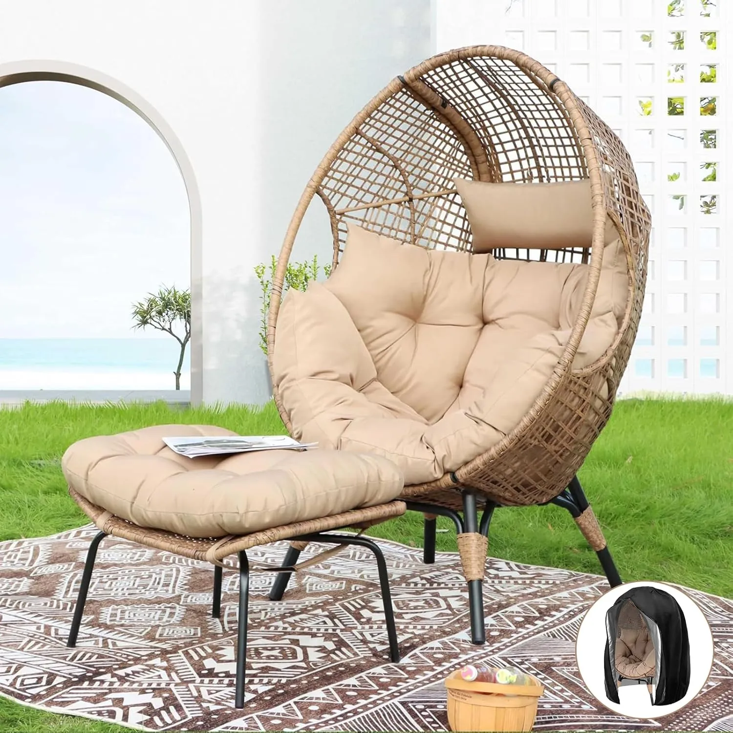 NICESOUL® Outdoor Lounge Chair, Big Plus Size Wicker Patio Egg Chair with Ottoman, All-Weather Round Dome Papasan w/Cushion, Comfortable Reading Seat for Relax, Outside, Exteriors, Porch, Tan