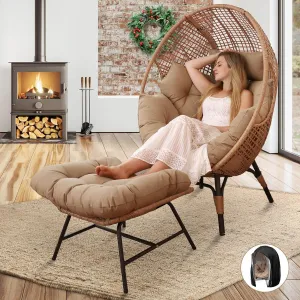 NICESOUL® Outdoor Lounge Chair, Big Plus Size Wicker Patio Egg Chair with Ottoman, All-Weather Round Dome Papasan w/Cushion, Comfortable Reading Seat for Relax, Outside, Exteriors, Porch, Tan