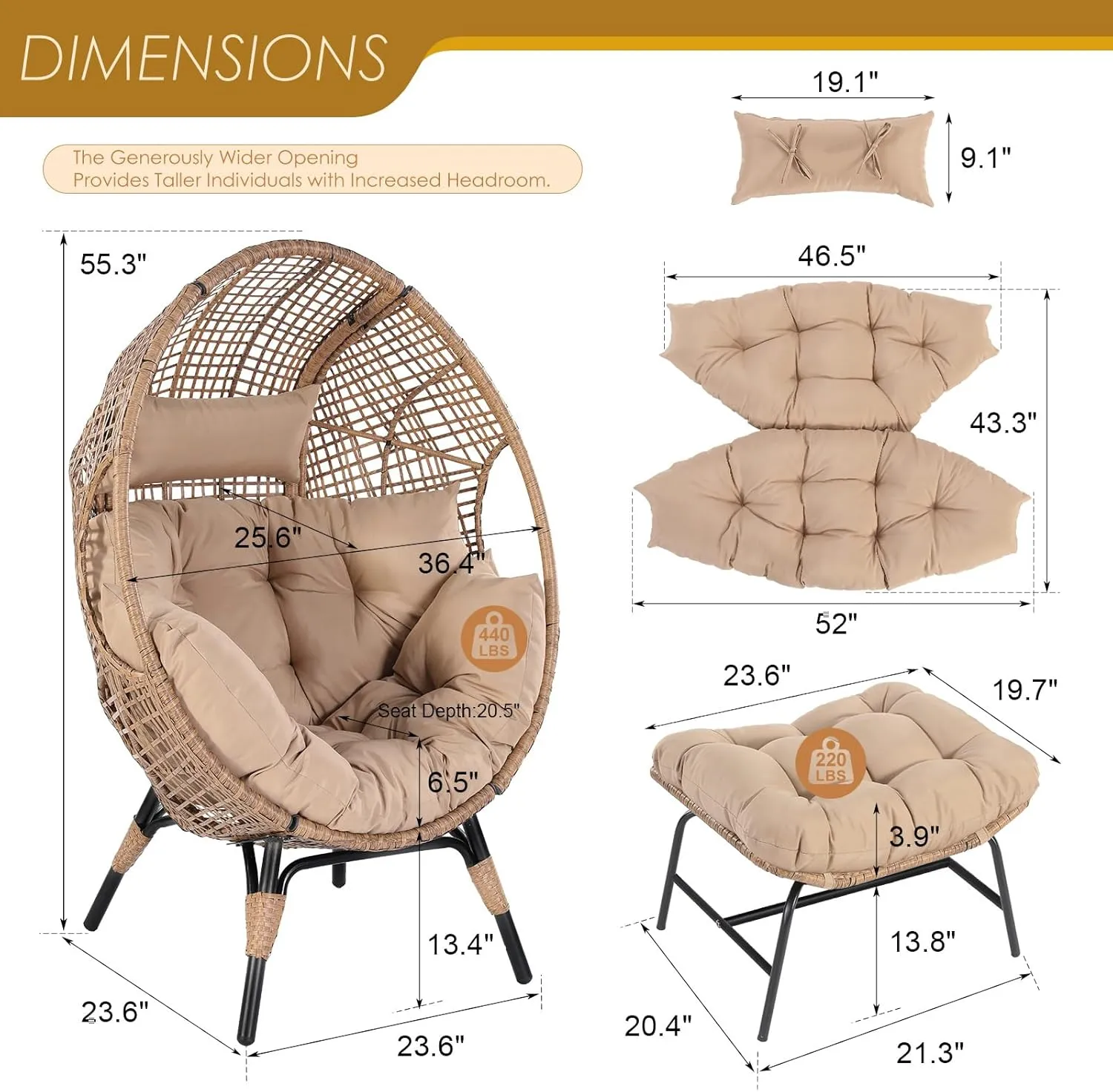 NICESOUL® Outdoor Lounge Chair, Big Plus Size Wicker Patio Egg Chair with Ottoman, All-Weather Round Dome Papasan w/Cushion, Comfortable Reading Seat for Relax, Outside, Exteriors, Porch, Tan
