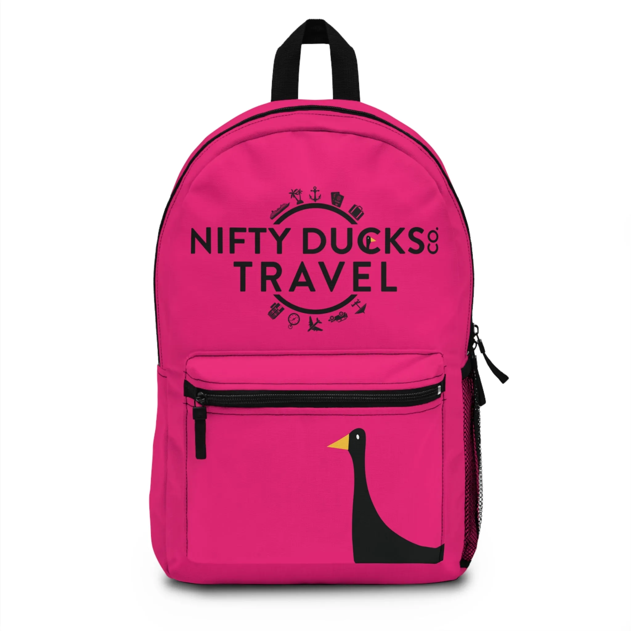 Nifty Ducks Travel Logo Backpack - Travel Bag with Black Duck Design - Bright Pink