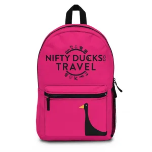Nifty Ducks Travel Logo Backpack - Travel Bag with Black Duck Design - Bright Pink