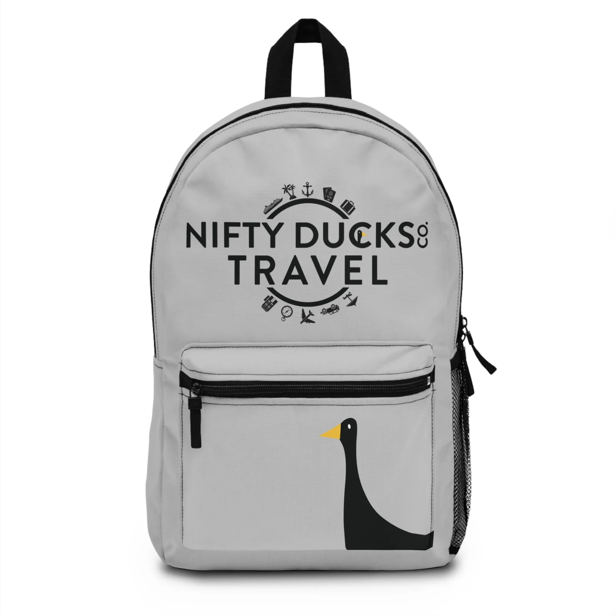 Nifty Ducks Travel Logo Backpack - Travel Bag with Black Duck Design - Glacier Gray
