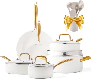 Nonstick Cookware Set - 16 PCS Non Toxin Pots and Pans Set Non stick With Dutch Oven, Frying Pan Set, Saucepan, Sauté Pan, Cooking Utensils - Kitchen Cookware Sets Granite Cooking Pot Gold Gifts