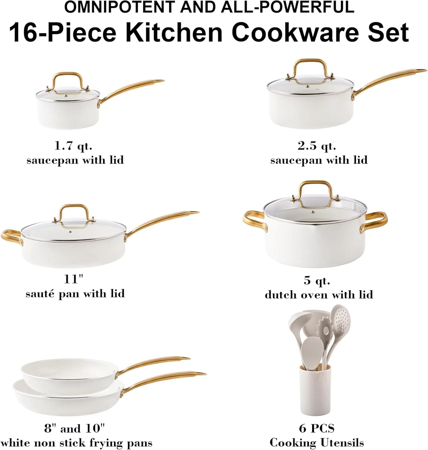 Nonstick Cookware Set - 16 PCS Non Toxin Pots and Pans Set Non stick With Dutch Oven, Frying Pan Set, Saucepan, Sauté Pan, Cooking Utensils - Kitchen Cookware Sets Granite Cooking Pot Gold Gifts