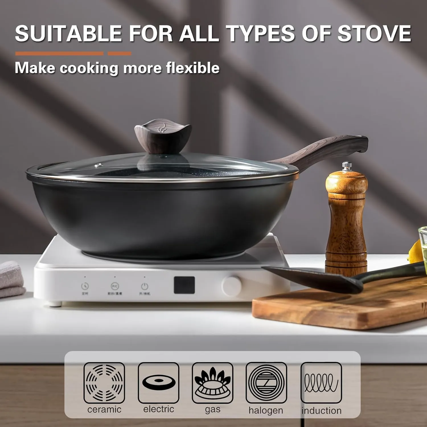 Nonstick Wok with Lid, 12 Inch Woks & Stir-fry Pans, Granite Stone Coating for Cooking, Induction Cookware, Compatible with All Stovetops, PFOA Free