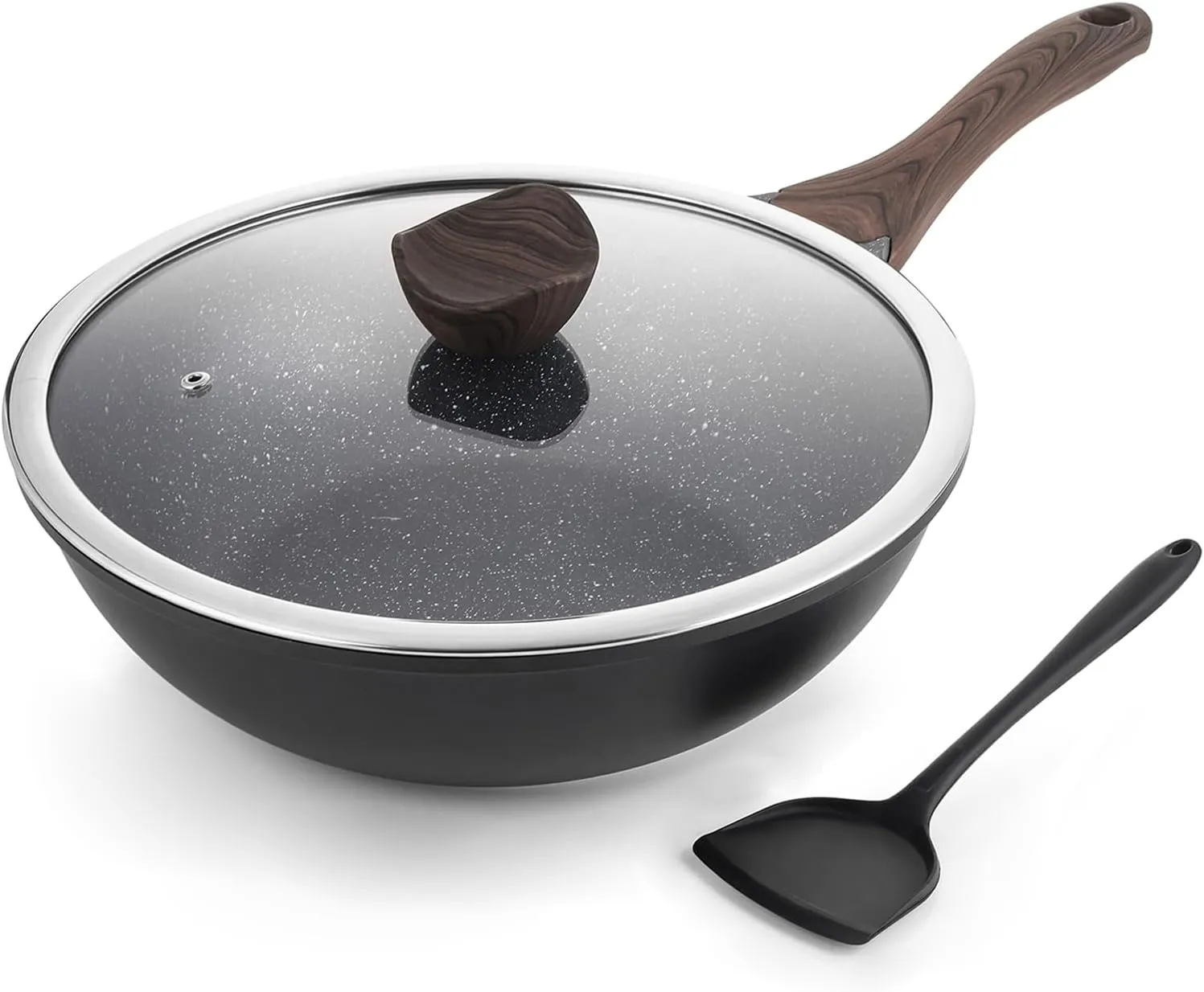 Nonstick Wok with Lid, 12 Inch Woks & Stir-fry Pans, Granite Stone Coating for Cooking, Induction Cookware, Compatible with All Stovetops, PFOA Free
