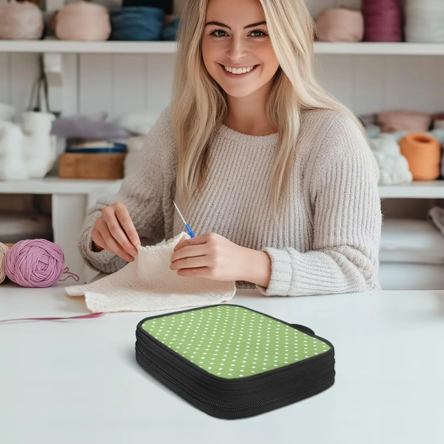 Noprintge Dots Print Green Crochet Hook Case Knitting Needles Storage Organizer Travel Bag Holder with Convenient Handle Without Hooks and Accessories, Lightweight, Easy to Hold