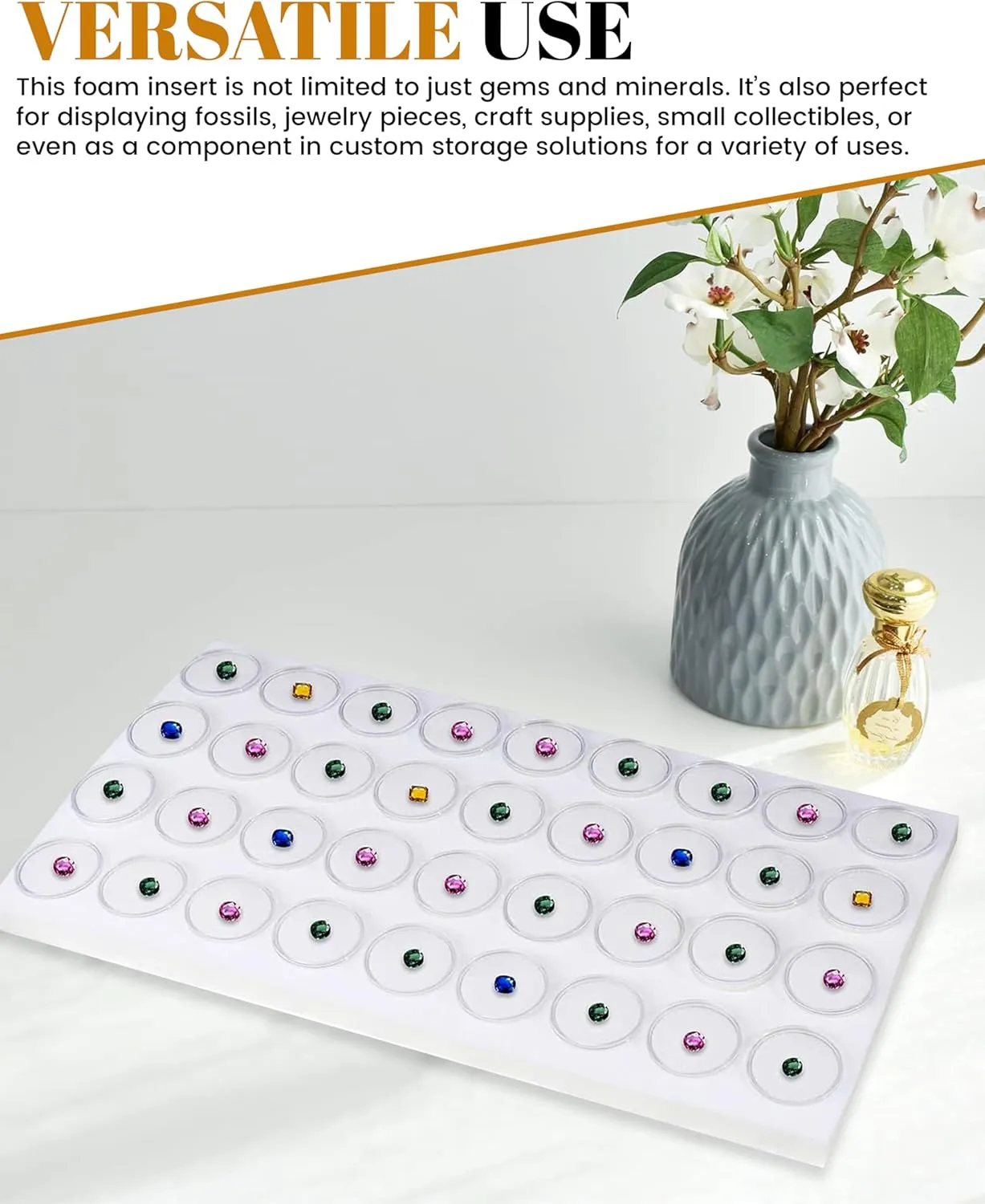 Novel Box Gem Jars 36 Medium Size Gems Jars | White Tray Foam Sheet 14.5X7.8X0.75 | Glass Rock Storage Box Insert | Display Trays for Collectibles Jewelry Display