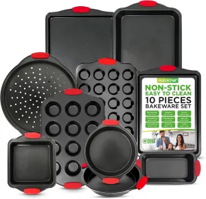 NutriChef 10-Piece Nonstick Kitchen Oven Baking Pans - Premium & Stylish Non-Stick Carbon Steel - Commercial Grade Restaurant Quality Metal Bakeware with Silicone Handles - Easy to Clean, NCSBS10S