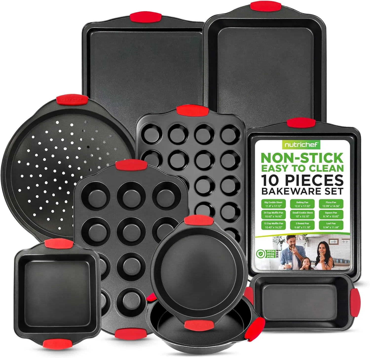 NutriChef 10-Piece Nonstick Kitchen Oven Baking Pans - Premium & Stylish Non-Stick Carbon Steel - Commercial Grade Restaurant Quality Metal Bakeware with Silicone Handles - Easy to Clean, NCSBS10S