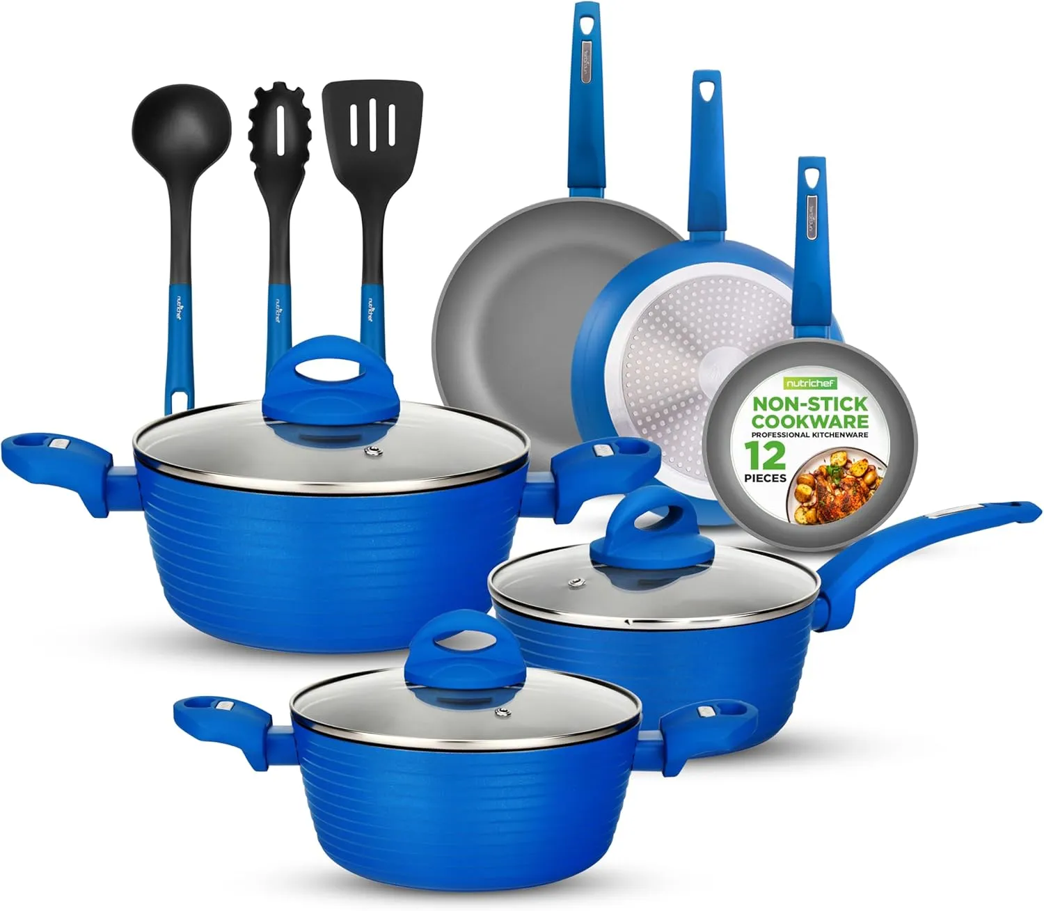 NutriChef 12-Pc Blue Nonstick Cookware Set - Professional Pots & Pans with Durable Coating, All Cooktops Compatible, Including Induction