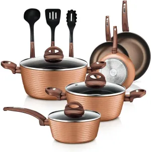 NutriChef 12-Piece Hard Anodized Nonstick Cookware Set - Induction Ready Pots & Pans with Elegant Ridge-Line Pattern, Heat-Resistant Lacquer, Brown