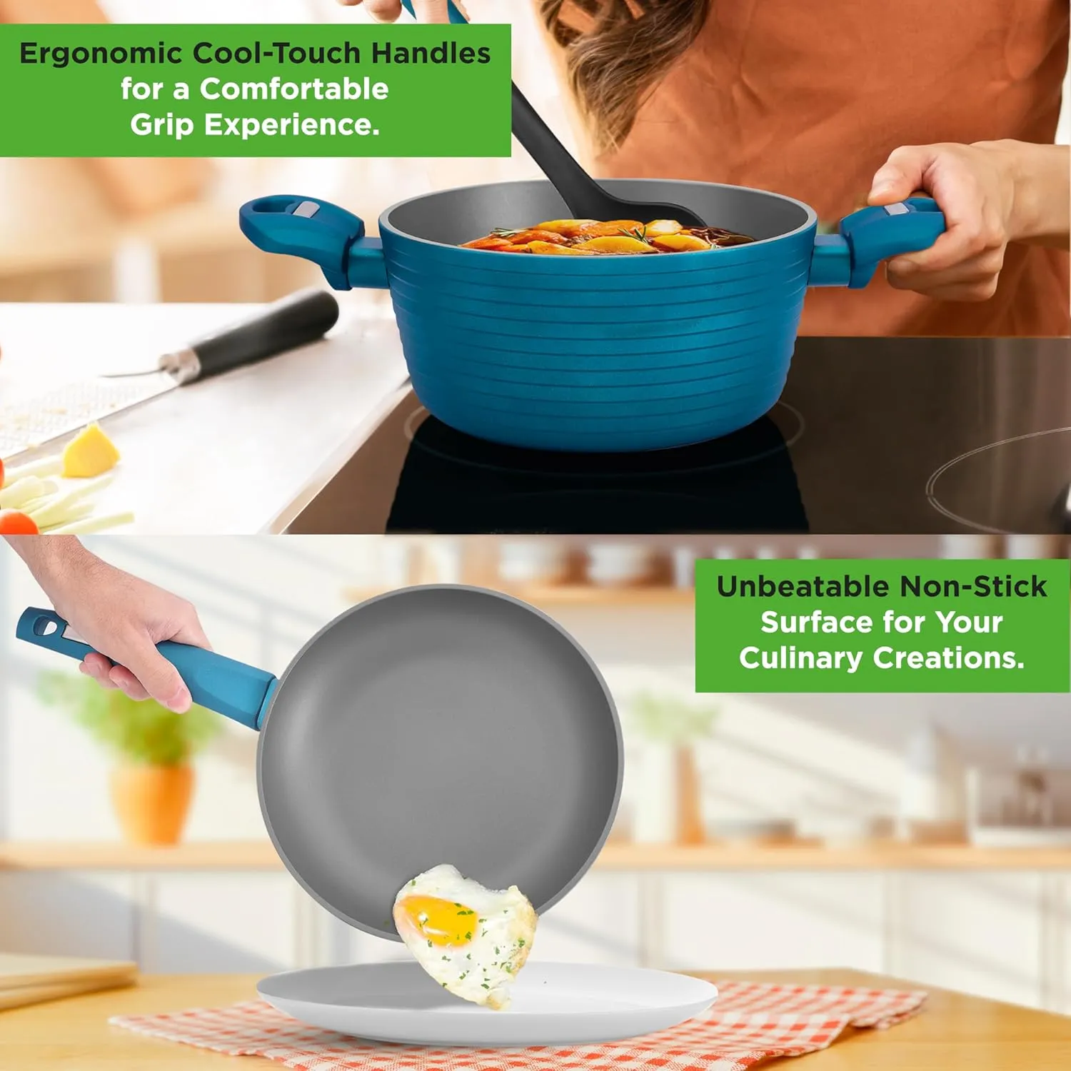 NutriChef 12-Piece Nonstick Kitchen Cookware Set - Easy to Clean, Fireproof Lacquer - Saucepot, Cooking Pots, Fry Pans, Utensils, Tempered Glass Lids - Light Gray/Green, Induction Ready