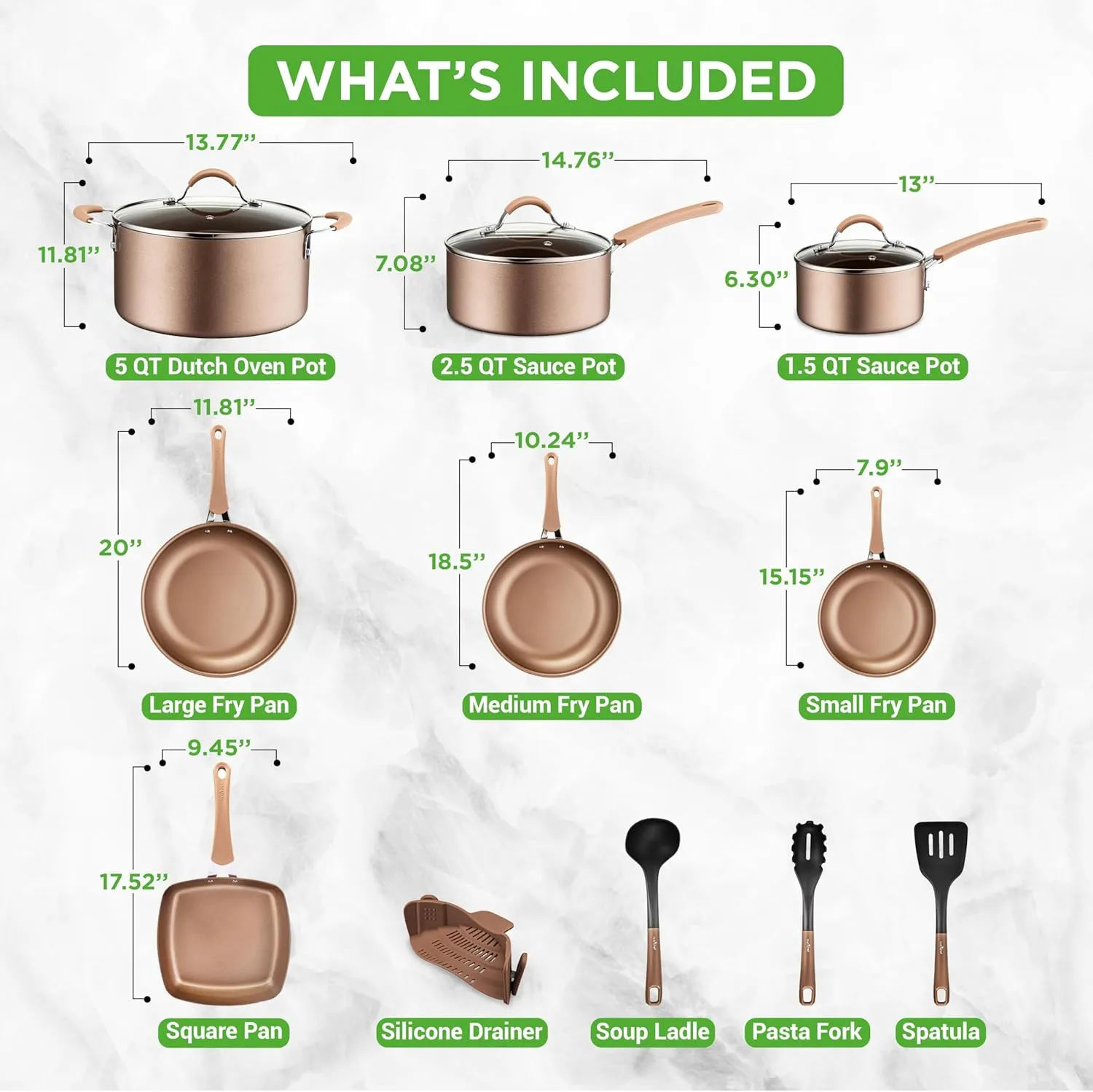 NutriChef 14-Piece Nonstick Cookware PFOA/PFOS-Free Heat Resistant Lacquer Kitchen Ware Set w/Saucepan, Frying Pans, Cooking, Dutch Oven Pot, Lids, Utensils, NCCW14S, Shiny Golden