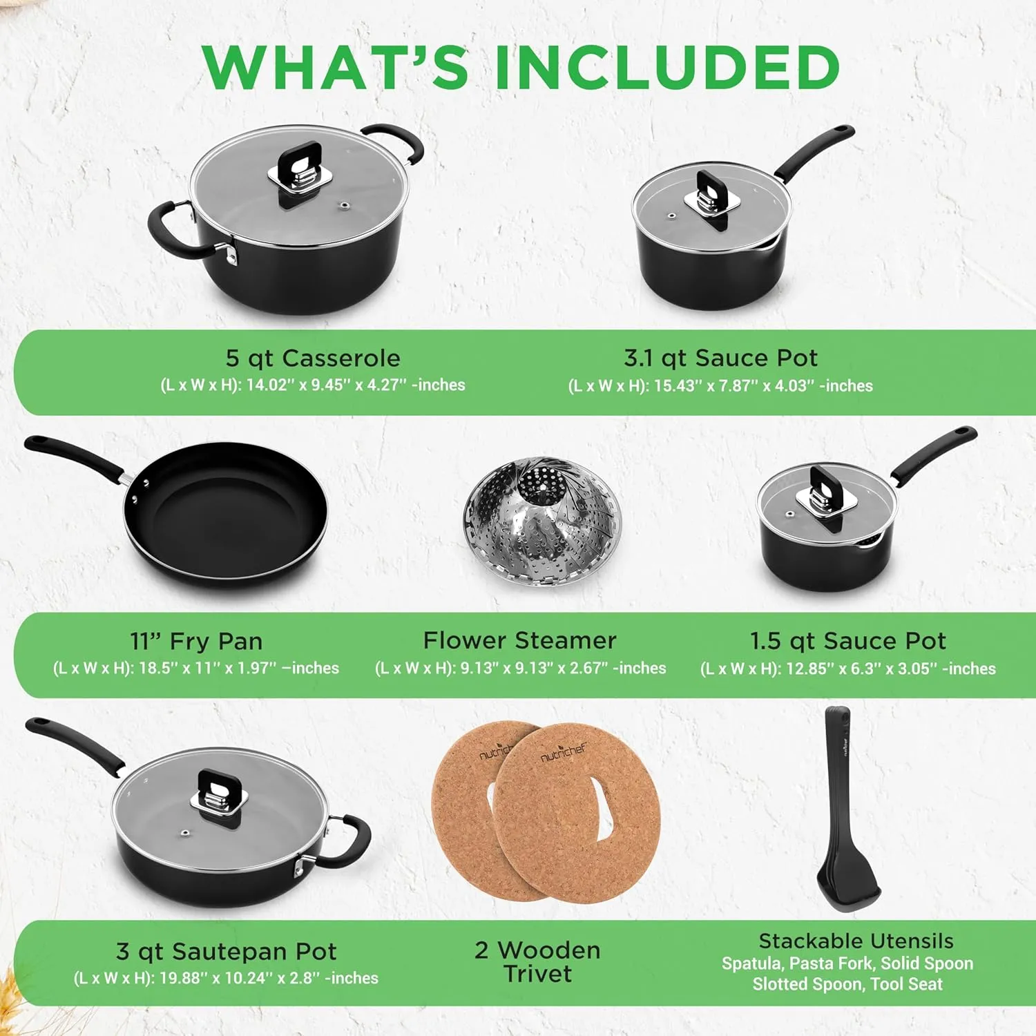 NutriChef 17pcs Stackable Pots and Pan Set, Stainless Steel Cookware Set Nonstick, Induction Cookware with Foldable Knob, Space Saving, Nylon Tools, Black